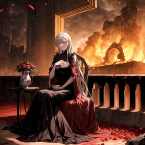 Anime illustration of Elizabeth, transformed into the corrupted ruler of Hell, sitting on a luxurious golden throne on a grand balcony. Her long hair flows from a gradient of white to black, symbolizing her descent into darkness, and her once green eyes now glow with a menacing red hue. She wears an elaborate black and red gown adorned with sinister symbols and glowing red accents, reflecting her dominance and cruelty.

Elizabeth's expression is cold and devoid of emotion as she holds a delicate porcelain teacup with her right hand, her left finger placed on her lips in a gesture of silence. Her gaze is fixed on the scene before her, a hellish landscape of a city engulfed in flames. Tall buildings and ancient architecture are crumbling and burning, casting an orange and red glow across the sky, creating a dramatic and chaotic atmosphere.

The balcony is decorated with large vases overflowing with vibrant red roses, some petals gently falling in the foreground, adding a touch of morbid beauty to the scene. The setting sun enhances the fiery ambiance, casting long shadows and illuminating the destruction.

On the table beside her, there are various elegant tea sets and a candlestick with lit candles, adding a warm light to the dark setting. Rivers of lava flow through the city, jagged rocks protrude from the ground, and tormented souls can be seen in the distance. Dark clouds swirl above with lightning illuminating the oppressive atmosphere of her dominion.