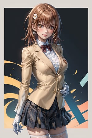 ((best quality)),  ((highly detailed)),  masterpiece,1girl, large breasts, tokiwadai school uniform, red bow, white shirt, collared shirt, blazer, white gloves, long sleeves, plaid skirt, white thighhighs ,1girl, lips:1.2, seductive smile, gyaru ,jewelry, blush, earrings, looking at viewer, standing, cowboy shot, red hair, school, short hair, aamikoto, hair flower,hmmisaki