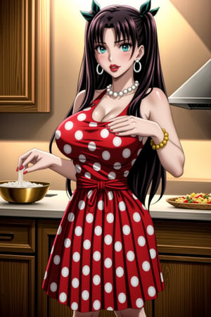 ((best quality)),  ((highly detailed)),  masterpiece,1girl, 1girl,  seductive smile, solo,   (Stepford),lips, makeup, lipstick,red lips, (pose),(polka dot:1.4), (polka dot dress:1.4),(pearl necklace:1.2), pearl bracelet, bare shoulders,(red dress:1.2),aroused, blush ,standing,  (large pearl necklace), (hoop earrings:1.2), looking at viewer, standing, cowboy shot, kitchen, cooking, indoors, house, windows, cortain, food,rin tohsaka, aqua eyes, black hair, hair ribbon, long hair, ribbon, sidelocks, two side up, (parted bangs:1.2),b1mb0,<lora:659111690174031528:1.0>