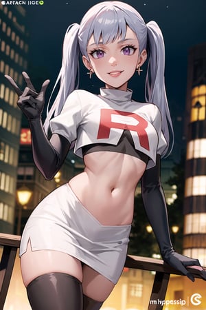 (best quality), (highly detailed), masterpiece, (official art), noelle_silva, silver hair,purple eyes, twintails, bangs, earrings, jewelry, posing, lips,( evil smile), Team Rocket, cropped jacket, white jacket, crop top, jacket, gloves, black gloves, elbow gloves, navel, midriff, white skirt, miniskirt, skirt, thighhighs,, looking at viewer, china, asiática, city, night, sky, (intricately detailed, hyperdetailed), blurry background,depth of field, best quality, masterpiece, intricate details, tonemapping, sharp focus, hyper detailed, trending on Artstation,1 girl, high res, official art