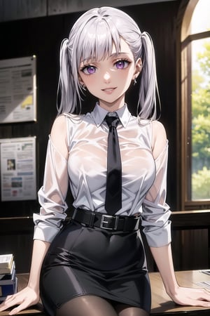 (best quality), (highly detailed), masterpiece, (official art), noelle_silva, long hair, purple eyes, twintails, bangs, earring, silver hair,  lips, smile, necktie,  bare shoulders,  shirt tucked in,looking at viewer, shirt, black necktie, white shirt, medium breasts,window, formal, office lady,pencil skirt, black belt,  (intricately detailed, hyperdetailed), blurry background,depth of field, best quality, masterpiece, intricate details, tonemapping, sharp focus, hyper detailed, trending on Artstation,1 girl, solo,high res,official art