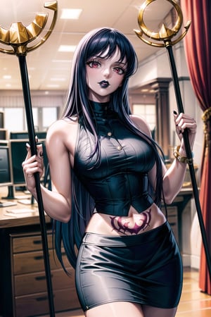 ((best quality)),  ((highly detailed)),  masterpiece,  ((official art)), (Saori, long hair, black hair:1.2, red eyes),RockOfSuccubus, (lips:1.2), (black lips:1.4), black nails, (( holding staff, staff, head_tilt)),  (pubic tattoo:1.3), navel, midriff, sleeveless, bare shoulders, figure, turtleneck, ((black shirt)), (black pencil skirt), (office), lady office, , building, bracelet, parted lips, indoors, intricately detailed, hyperdetailed, blurry background, depth of field, best quality, masterpiece, intricate details, tonemapping, sharp focus, hyper detailed, trending on Artstation, 1 girl, high res, official art