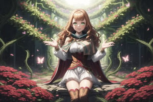 1girl, mimosa vermillion, orange hair, long wavy hair, green eyes, red earrings, lips, smile, beautiful face, turtleneck sweater, corset, capelet, red cape, thighhighs, thigh boots, sitting on a stone, surrounded by blooming flowers,  plants growing under her touch, large colorful leaves and vines forming a throne, midday sun, bright natural lighting, smiling softly, magic energy radiating from her hands,clear sky, plants growing under her touch, large colorful leaves and vines forming a throne, midday sun, bright natural lighting, smiling softly, magic energy radiating from her hands, petals floating in the air around her, butterflies gathering near her, peaceful nature atmosphere, GFX effects: vibrant floral aura, glowing petals, magic vines glowing softly, lens flare from the sun, energetic magical swirls, gentle wind stirring the flowers, bright and serene, powerful contrast between magic and nature
