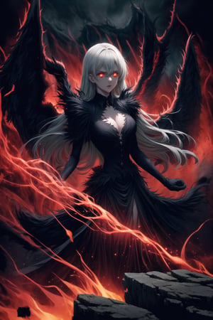 Elizabeth, black hair, lips, ruler of hell, black wings,darkness wings,wings,demon wings,stands as a malevolent dictator, her long hair flowing like darkness itself, gradient from white to dark, framing her cold gaze. Her elaborate gown, adorned with sinister symbols and glowing red accents, reflects her dominance and cruelty. The background features a hellish landscape: rivers of lava, jagged rocks, tormented souls, and dark clouds with lightning. Eerie, red and black glows illuminate the scene, capturing the dark and oppressive atmosphere of her dominion.,GFX