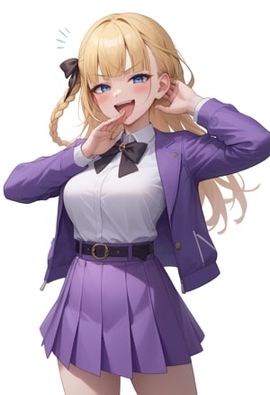 score_9,score_8_up,score_7_up,,1girl, solo, blue eyes, braid, long hair, jacket, blonde hair, smile, white background, ojou-sama pose, open mouth, looking at viewer, belt, blush, long sleeves, simple background, skirt, ribbon, bow, hair ribbon, hand on own hip, school uniform, smug, blunt bangs, black belt, black bow, bowtie, hand up, side braid, black ribbon, :d, purple jacket, shirt, purple skirt, single braid, open jacket, black bowtie, dress, purple dress, pleated skirt