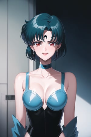 evil smile, red eyes, jewelry,  earrings, makeup, facial mark, lipstick,  forehead mark, crescent facial mark, crystal earrings,crescent, mer1, short hair, blue hair,  cleavage, jewelry, collarbone,  earrings, choker, leotard, bandages, blue leotard, blue choker, elbow gloves,highleg leotard, mizuno ami
(best quality), (highly detailed), masterpiece, (official art), A dark and mysterious female character inspired by classic anime style,  She has a cold, expressionless face with pale skin and dark, bold lips, giving her a commanding and intimidating presence.  The overall atmosphere is dark and mysterious, with a sense of power and control emanating from her poised stance.