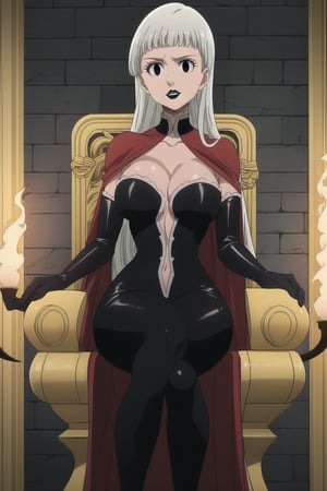 (best quality), (highly detailed), masterpiece, (official art), (Elizabeth, black hair, blunt bangs, long hair):1.2, facial mark, black lips:1.4, makeup:1.2, black eyes:1.2, black latex royal gown with intricate designs, high collar, flowing latex cape, black latex gloves, crystal tiara, sitting on a dark, gothic throne in a demon kingdom’s castle, surrounded by torches and ancient stone walls, her gaze cold and commanding, solo female, large breasts, full-body shot, looking at viewer, perfect face, realistic body, high-definition quality, regal and menacing, demon princess, b1mb0,