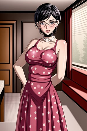 (best quality), (highly detailed), masterpiece, (official art),(sarada, black eyes, jewelry, earrings , choker, glasses, swept bangs),(Stepford),lips, makeup, lipstick,red lips,smile, (pose),(polka dot:1.4), (polka dot dress:1.4),(pearl necklace:1.2), pearl bracelet, bare shoulders,(red dress:1.2),(aroused), nose blush ,standing, big breasts, (large pearl necklace), (hoop earrings:1.2), looking at viewer, window, indoors, scenery, intricately detailed, hyperdetailed, blurry background, depth of field, best quality, masterpiece, intricate details, tonemapping, sharp focus, hyper detailed, trending on Artstation, 1 girl, high res, official art,,<lora:659111690174031528:1.0>