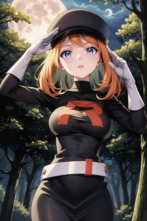 Serena, the masterful warrior from Grunt Team Rocket, stands at attention in a striking orange-haired avatar, her piercing blue eyes gleaming under the moonlit forest canopy. Her short, blonde locks are styled with bangs framing her parted lips, which remain expressionless as she salutes the night. She wears a sleek black dress adorned with long sleeves, elbow gloves, and a grey belt, all perfectly detailed in this official art masterpiece. The cabbie hat sits atop her headwear, adding to the overall mystique of this captivating 1girl scene.