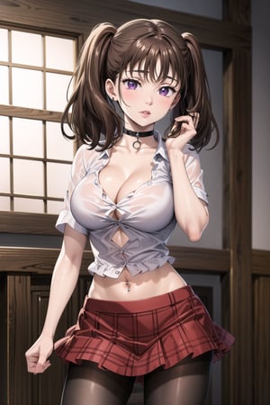 masterpiece,best quality,highres,ultra-detailed, diane, twintails, brown hair, purple eyes, white shirt, skirt, large breasts, navel, cleavage, pantyhose,  choker, midriff, miniskirt, lips, plaid, red plaid skirt, piercing, fishnets,  fishnet pantyhose, white tied shirt:1.2, navel piercing, , standing, StandingAtAttention,diane