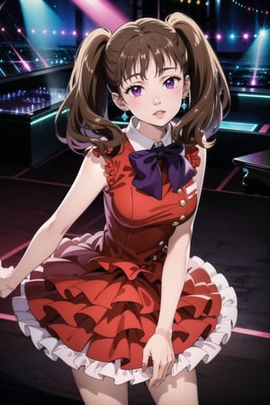 (best quality), (highly detailed), masterpiece, (official art),  diane,twintails, brown hair ,purple eyes, solo,  lips:1.2, beautiful 1girl wearing a earthy red (idol dress) ,layered skirt, frills, ribbon, bow, sequins, looking at viewer, (/nightclub scene, neon lights), , club, (nigth club), ,hd quality, perfect face ,realistic, realistic body , perfect face sync,night club,StandingAtAttention,marinette,night club,b1mb0,