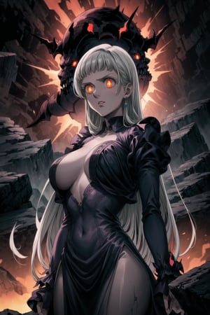 Elizabeth, black hair, lips, ruler of hell, stands as a malevolent dictator, her long hair flowing like darkness itself, gradient from white to dark, framing her cold gaze. Her elaborate gown, adorned with sinister symbols and glowing red accents, reflects her dominance and cruelty. The background features a hellish landscape: rivers of lava, jagged rocks, tormented souls, and dark clouds with lightning. Eerie, red and black glows illuminate the scene, capturing the dark and oppressive atmosphere of her dominion.