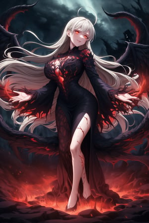 A masterpiece of dark fantasy: elizabeth, malevolent demon, lips curled into an evil smile, long flowing white hair cascading down her back like a fiery waterfall. Her delicate ahoge and intricate black gown billow softly as she floats amidst hell's fiery depths. Black wings spread wide behind her, emitting a darkness-infused light that adds to her ominous presence. Red eyes gleam with malevolent intent as she stands poised, arms outstretched in a violent welcome. Softly glowing fire illuminates her figure, while rays of dark light pierce the heavens above, casting an eerie glow on Rias' demonic form. The hellish landscape before her is bathed in red hues, as if infernal flames are breaking through to create this haunting atmosphere.