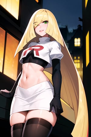 (best quality), (highly detailed), masterpiece, (official art),  ,pokemonlusamine, blonde hair, (green eyes:1.5), hair over one eye, long hair, multicolored hair, streaked hair, very long hair, posing, lips, smile, Team Rocket, cropped jacket, white jacket, crop top, jacket, gloves, black gloves, elbow gloves, navel, midriff, white skirt, miniskirt, skirt, thighhighs,, looking at viewer, china, asiática, city, night, sky, (intricately detailed, hyperdetailed), blurry background,depth of field, best quality, masterpiece, intricate details, tonemapping, sharp focus, hyper detailed, trending on Artstation,1 girl, high res, official art 