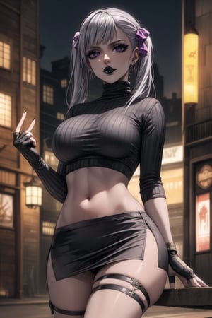 ((best quality)), ((highly detailed)), masterpiece, ((official art)), detailed face, beautiful face, (detailed eyes, deep eyes), seductive posing, (cowboy shot),noelle_silva,silver hair,twintails,bangs,purple eyes,  (sexy:1.3),   (makeup, black lips:1.3),( pale white skin, very white skin, goth, long eyelashes), medium to big breasts, black gloves, black skirt:1.2, closed mouth, cowboy shot, ((black turtleneck, black crop top)), hoop earrings, fingerless gloves, gloves, highres, jewelry, , midriff, miniskirt, navel, pencil skirt, skirt, solo, standing, stomach, striped, striped bow, thigh strap, city street, nighttime, intricately detailed, hyperdetailed, blurry background, depth of field, best quality, masterpiece, intricate details, tonemapping, sharp focus, hyper detailed, trending on Artstation, 1 girl, high res, official art,