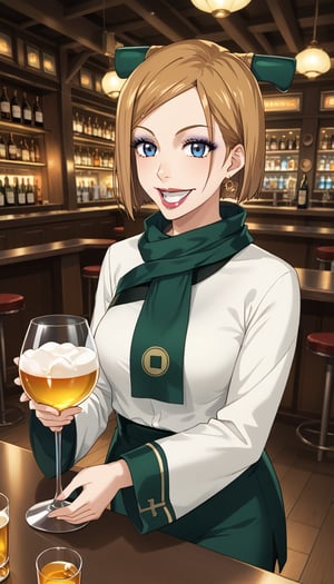 score_9, score_8_up, score_7_up, intricate details,1girl,  closed mouth, lips joo dee, scarf, hair ornament:1.3, holding tray:1.2, tray, alcohol, dutch angle, bar, cowboy shot:1.2, bar, table, customers, kugisaki nobara, brown hair,smile, open mouth, grin, makeup, lipstick, eyeshadow, hair ornament