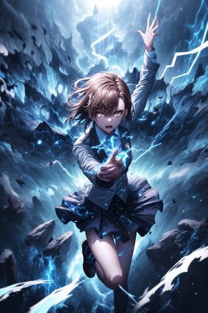 1girl, mikoto_misaka, short hair, brown hair, brown eyes, school_uniform, skirt, electricity, electric_discharge, standing, arms stretched forward, charging_attack, intense focused gaze, glowing electric energy in hands, electricity surging from fingertips, powerful shockwave forming, energy pulsing outward, GFX elements: electric aura, lightning strikes illuminating scene, neon blue electric arcs, charged particles suspended in the air, shattered ground below, glowing blue symbols floating in the air, sparks flying outwards, high-contrast lighting, intense blue flares, glowing mist around, lens flare effects from electricity, glowing circuits running through the air, cinematic energy pulse,aamikoto