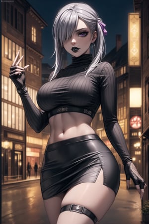 ((best quality)), ((highly detailed)), masterpiece, ((official art)), detailed face, beautiful face, (detailed eyes, deep eyes), seductive posing, (cowboy shot),noelle_silva,silver hair,twintails,bangs,purple eyes,  (sexy:1.3),  (hair covering one eye:1.3), (makeup, black lips:1.3),( pale white skin, very white skin, goth, long eyelashes), medium to big breasts, black gloves, black skirt:1.2, closed mouth, cowboy shot, ((black turtleneck, black crop top)), hoop earrings, fingerless gloves, gloves, highres, jewelry, , midriff, miniskirt, navel, pencil skirt, skirt, solo, standing, stomach, striped, striped bow, thigh strap, city street, nighttime, intricately detailed, hyperdetailed, blurry background, depth of field, best quality, masterpiece, intricate details, tonemapping, sharp focus, hyper detailed, trending on Artstation, 1 girl, high res, official art,