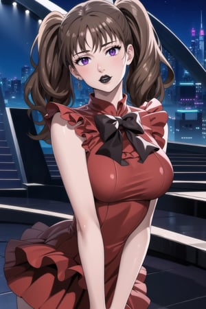 (best quality), (highly detailed), masterpiece, (official art),  diane,twintails, brown hair ,purple eyes, solo,  lips:1.2, black lips:1.4, lipstick:1.2, beautiful 1girl wearing a earthy red (idol dress) ,layered skirt, frills, ribbon, bow, sequins, looking at viewer, (/nightclub scene, neon lights), , club, (nigth club), ,hd quality, perfect face ,realistic, realistic body , perfect face sync,night club,StandingAtAttention,marinette,night club,b1mb0,