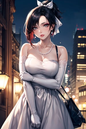 (best quality), (highly detailed), masterpiece, (official art), ,(ruby rose:1.2, ponytail:1.3), (makeup:1.5), (lips:1.3), parted_lips, blue earrings:1.3,jewelery:1.3,((long sleeves,  elbow gloves:1.2,dress, ribbon, ccollarbone, white dress:1.3,  pearl necklace:1.3, holding, holding bag, v arms:1.3)), looking at viewer, china, asiática, city, night, sky,  (intricately detailed, hyperdetailed), blurry background,depth of field, best quality, masterpiece, intricate details, tonemapping, sharp focus, hyper detailed, trending on Artstation,1 girl, high res, official art,StandingAtAttention,bestiality