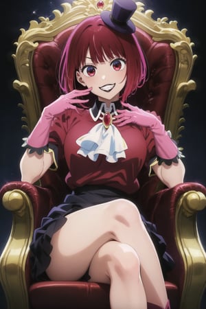 (best quality), (highly detailed), masterpiece, (official art),  lips:1.2, black lips:1.4, lipstick:1.2, aakana, short hair, mini hat, head tilt, red eyes, jewelry, brooch, white ascot, frills, red shirt, short sleeves, pink gloves, black skirt, , throne, sitting, crossed legs, smirk, grin