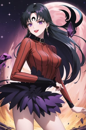 (best quality), (highly detailed), masterpiece, (official art),sama1, long hair, black hair, bangs , makeup, ((black moon, forehead mark, crescent facial mark, black crystal earrings)), jewelry, evil smile, lips, lipstick, posing, anime coloring, bodysuit, koan:1.2, sweater, striped, purple collar:1.2, long sleeves, layered skirt:1.2, stockings:1.3, forehead jewel