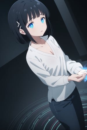 ((best quality)),  masterpiece, dynamic angle, (microchip), suguha, Bob cut, short hair, black hair, hair clip,  Anime illustration, close-up of a woman, standing, completely hypnotized, in a trance. Wearing a casual outfit with a white blouse and blue jeans, eyes wide open with swirling patterns, expression blank and unresponsive, arms hanging limply at her sides. Background is a dark room with a glowing, spiraling hypnotic pattern on a large screen behind her, casting an eerie light. The room is dimly lit with shadows, creating a mysterious and unsettling atmosphere. Subtle fog effects on the floor, adding to the surreal ambiance.