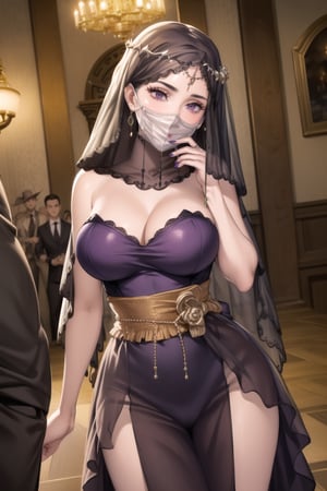 ((best quality)), ((highly detailed)), masterpiece, ((official art)), detailed face, beautiful face, (detailed eyes, deep eyes), seductive posing, (cowboy shot),diane, long hair, brown hair, purple eyes, empty eyes:1.2,,((veil, transparent,mask Veil,Veil)) v3il, face veil, (forehead jewel opal), crystal head veil, (cowboy shot), eyeliner, eyeshadow, makeup, purple lips [brown hair] hair ,ethereal nightgown, (sash), (cowboy shot), grand hall, . shallow depth of field, vignette, highly detailed, high budget, bokeh, cinemascope, moody, epic, gorgeous, film grain, grainy