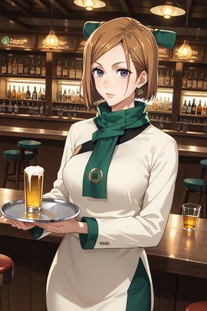 score_9, score_8_up, score_7_up, intricate details,1girl,  closed mouth, lips joo dee, scarf, hair ornament, holding tray:1.2, tray, alcohol, dutch angle, bar, cowboy shot:1.2, bar, table, customers, kugisaki nobara, brown hair,