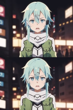 (best quality), (highly detailed), masterpiece, (official art), ((sinon1, cyberpunk, hair ornament, hairclip)), 1girl, upper body, bangs, blue eyes, blue hair, blurry, blurry background, fingerless gloves, green jacket, hair between eyes, hair ornament, hairclip, highres, jacket, long sleeves, outdoors, scarf, short hair, short hair with long locks, sidelocks, signature, sinon, solo, darkness, sword art online, turning head, ((open eyes, shocked expression,fear, horror, surprised:1.2)), open mouth,surprised look,surprised girl,