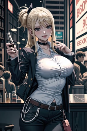 ((best quality)),  ((highly detailed)),  masterpiece,1girl, 1girl, (lips:1.2), seductive smile, smirk, naughty_face,nail polish, solo,   black pants,  formal,  black jacket,  open jacket,  (white shirt),  belt, ,  black jacket, (black suit),  long sleeves,  shirt tucked in,, (black choker), blush, earrings, black nails, looking at viewer, standing, cowboy shot, fingernails,  bar,outdoor,lamp,nigth,space, alcohol, sexy pose:1.2, purple nails, wristband, lucyheartfilia, one side up, long hair,<lora:659111690174031528:1.0>