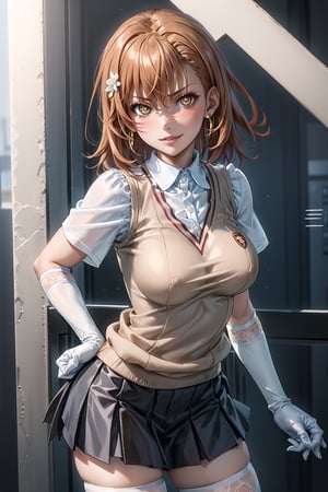 ((best quality)),  ((highly detailed)),  masterpiece,1girl, r ,(large breasts), tokiwadai school uniform, sweater vest, short sleeves, (](white gloves, elbow gloves)), pleated skirt, white thighhighs ,1girl, lips:1.4, makeup:1.4, symbol-shaped pupils, +_+, naughty_face, ,evil smile, ((gyaru)) ,jewelry, blush, earrings, looking at viewer, standing, cowboy shot, red hair, school, short hair, aamikoto, hair flower,hmmisaki