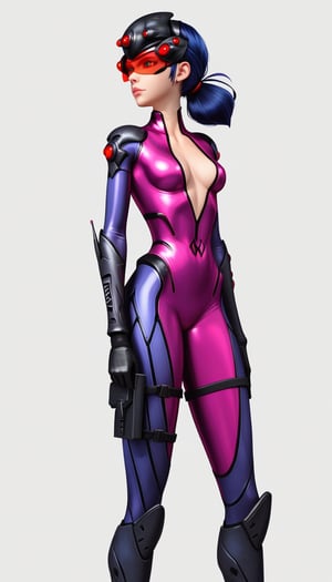 score_9, score_8_up, score_7_up,marinetteBug, blue hair, standing, lips ,standing, white background, simple background, purple bodysuit, revealing chest, combat sniper visor, black gloves, thigh-high boots, advanced combat suit, head-mounted visor, futuristic sniper,metallic purple suit, torso exposed, red visor, black combat gear, long black gloves, high-tech bodysuit,widowsuit,head-mounted display, tattoo, arm tattoo