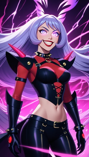 score_9, score_8_up, score_7_up, intricate details,1girl, nejire hado, solo, long hair, blue hair, flowing hair, luscious hair, jokerized, wide smile, evil grin, crazy eyes, teeth, red lips, shining glossy skin, constricted pupils, glowing eyes, sinister expression, wearing black leather corset, tight dark outfit, spiked shoulder pads, thigh-high boots, high heels, exposed midriff, body harness, leather straps, sharp claws, metallic accessories, dark energy, purple aura, black cape, flowing cape, torn cape, spiked choker, dark gauntlets, glowing veins, glowing purple lines, villainess, full body, dynamic lighting, high contrast, villainous aura, dramatic pose, smirk