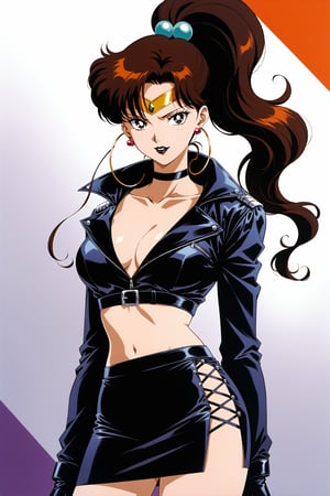 (masterpiece, best quality, very aesthetic, ultra detailed), lips, black lips:1.2, evil smile, evil, villain, corrupted, dark persona,intricate details, 4k, aajupiter, long hair, brown hair, ponytail, hair bobbles,, black gloves, black jacket:1.2, black skirt:1.2, breasts, cleavage, closed mouth, collarbone, cowboy shot, ((black crop top)), hoop earrings, fingerless gloves, gloves, highres, black leather jacket, jewelry, , medium breasts, midriff, miniskirt, navel, pencil skirt, skirt, solo, standing, stomach, striped, striped bow, thigh strap,((retro anime style, detailed retro anime)), tiara, black choker