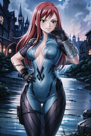((best quality)), ((highly detailed)), masterpiece, ((official art)), fairy tail, 1girl, long hair, red hair, brown eyes, ligth smile, hand on hip, (widowsuit:1.2), medium breasts, tattoo, (arm tattoo:1.2) ,pose, best quality, masterpiece, intricate details, scenary, city, outdoors, rain, water drop, night, sky, moon, trending on Artstation, thigh gap,  black gloves,fairy tail