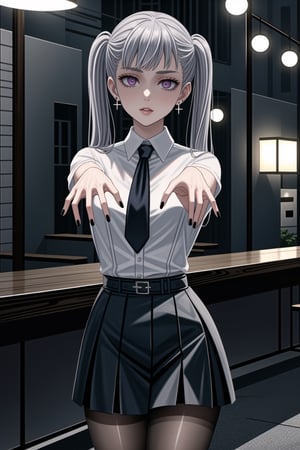 ((best quality)),  ((highly detailed)), ((zombie walk, mind control, from front)),  masterpiece,1girl, 1girl, (lips) , ,nail polish, solo,  alternate_costume, (white shirt), necktie, shirt, sleeveless_shirt, collared shirt, pencil_skirt, high_waist_skirt, belt, black_skirt,  miniskirt, black_legwear, pantyhose,  (earrings), black nails, looking at viewer, standing, cowboy shot, bar,outdoor,lamp,nigth,space, office:1.3 ,noelle_silva, silver hair,purple eyes, twintails, bangs, earrings, jewelry,,,,zombie walk,<lora:659111690174031528:1.0>