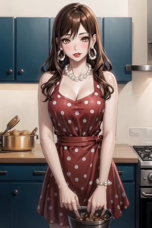 ((best quality)),  ((highly detailed)),  masterpiece,1girl, 1girl,  seductive smile, solo,   (Stepford),lips, makeup, lipstick,red lips, (pose),(polka dot:1.4), (polka dot dress:1.4),(pearl necklace:1.2), pearl bracelet, bare shoulders,(red dress:1.2),(aroused), blush ,standing,  (large pearl necklace), (hoop earrings:1.2),  (apron), blush,, looking at viewer, standing, cowboy shot, fingernails, kitchen, cooking, indoors, house, windows, cortain, food, hori kyouko, brown hair, orange eyes