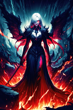 Elizabeth, white hair,hair_over_eye ,lips, ruler of hell, black wings,darkness wings,wings,demon wings,stands as a malevolent dictator, her long hair flowing like darkness itself, gradient from white to dark, framing her cold gaze. Her elaborate gown, adorned with sinister symbols and glowing red accents, reflects her dominance and cruelty. The background features a hellish landscape: rivers of lava, jagged rocks, tormented souls, and dark clouds with lightning. Eerie, red and black glows illuminate the scene, capturing the dark and oppressive atmosphere of her dominion.,shadow