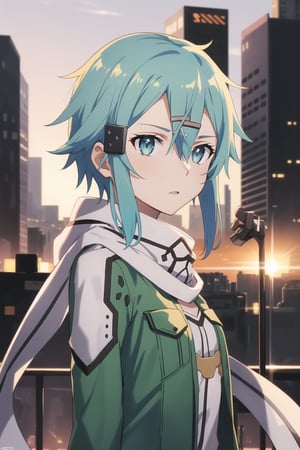 (best quality), (highly detailed), masterpiece, (official art), ((sinon1, cyberpunk, hair ornament, hairclip)), 1girl, upper body, bangs, blue eyes, blue hair, blurry, blurry background, fingerless gloves, green jacket, hair between eyes, hair ornament, hairclip, highres, jacket, long sleeves, outdoors, scarf, short hair, short hair with long locks, sidelocks, signature, sinon, solo, sunset, sword art online, turning head, open eyes, shocked expression, 
