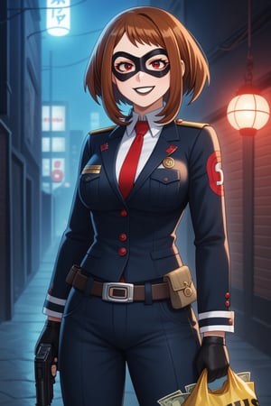 score_9, score_8_up, score_7_up, intricate details,1girl, malicious expression, sadistic grin, villainous attitude,lips, black lips, grin, red eyes, smirk, evil smile,1girl, Ochako Uraraka, black hair with red tips, bank heist, thief outfit, loose black jacket, cargo pants, wearing a domino mask, holding bag of money, holding handgun, gun, handgun, bank robbery, levitating money bags, vault door open, thief outfit, wearing a domino mask, carrying a large money bag, exiting a bank vault, broken safe in the background, dark gloves, quick getaway, alarm lights flashing, dimly lit scene, red emergency lighting, cautious posture, money spilling from bag, night-time heist, dark alley, tense atmosphere,(ncursioDipDyedHair,red IncursioDipDyedHair