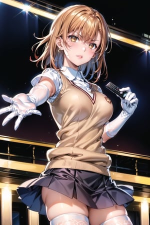 ((best quality)),  ((highly detailed)),  masterpiece,1girl, ((remote_control, aiming_at_viewer, closed_mouth, sparkling_eyes, smug, shaded_face)),(large breasts), tokiwadai school uniform, sweater vest, short sleeves, (](white gloves, elbow gloves)), pleated skirt, white thighhighs ,1girl, lips:1.2, makeup:1.2, ((gyaru)) ,jewelry, blush, earrings, looking at viewer, standing, cowboy shot, red hair, school, short hair, aamikoto ,hmmisaki,hypnoCollar,V-shaped eyebrows, 1girl