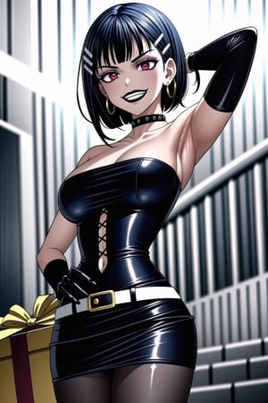 ((best quality)),  ((highly detailed)),  masterpiece,  ((official art)),  detailed face,  beautiful face, narrow_waist:1.3 , (intricate Black dress:1.4),(detailed eyes,  deep eyes),((extended_arm, presenting_gift, gift_giving, front_view, gesture)),(science fiction, cyberpunk:1.2, street, shopping, dark background),((smirk, grin, naughty face, seductive smile, smug, arm behind head, hand_on_own_hip, head_tilt)),, ,cowboy shot,(lips), ,kirigaya suguha, blunt bangs, short bangs, black hair:1.3, short hair, hair ornament, hairclip,(red eyes),  cross-laced clothes, (spiked bracelet), corset:1.4,chinese dress:1.2, hoop earring, curvaceous, voluptuous body, (makeup:1.3) (lips:1.3), (latex),  (black tube top:1.2), gloves, fingerless gloves, skirt, black choker, belt, pencil skirt, pantyhose, miniskirt, (black skirt), black gloves, black legwear, black choker, Black nails,large breasts, conspicuous elegance, snobby, upper class elitist, possesses an arroaant charm. her Dresence commands attention and enw, (intricately detailed, hyperdetailed), blurry background, depth of field, best quality, masterpiece, intricate details, tonemapping, sharp focus, hyper detailed, trending on Artstation, 1 girl, solo, high res, official art,RockOfSuccubus,<lora:659111690174031528:1.0>