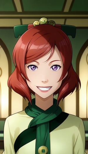 score_9, score_8_up, score_7_up, intricate details,1girl, lovelive_maki, nishikino maki, red hair, short hair, indoors,joo dee, dress, scarf, hair ornament, grin, smile, lips,((joo dee, green dress, green scarf, green hair ornament)).