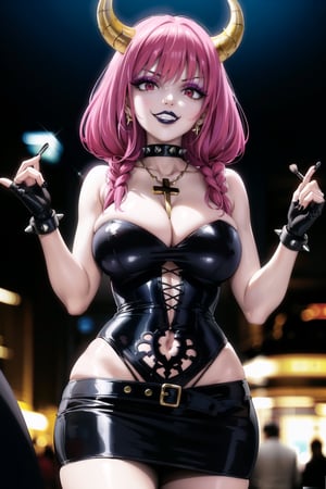 ((best quality)),  ((highly detailed)),  masterpiece,(Black lips:1.4), (white skin:1.4), ((official art)),  detailed face,  beautiful face, (cross-laced clothes:1.3), narrow_waist:1.3, dominatrix:1.4 , (intricate Black dress:1.4), (detailed eyes,  deep eyes),(science fiction, cyberpunk:1.3, street, shopping, dark background),((smirk, grin, naughty face, seductive smile, smug)) ,cowboy shot,(lips), (aura the guillotine, long hair, purple hair, braid, horns, twin braids), (red eyes:1.3),   (spiked bracelet), corset:1.4,chinese dress:1.2, (intricate black earring:1.3), curvaceous, voluptuous body, (makeup:1.5) (lips:1.3), (latex),  (black tube top:1.2), gloves, fingerless gloves, skirt, black choker, belt, pencil skirt, pantyhose, miniskirt, (black skirt), black gloves, black legwear, black choker, Black nails,large breasts:1.2, conspicuous elegance, snobby, upper class elitist, possesses an arroaant charm. her Dresence commands attention and enw, (intricately detailed, hyperdetailed), blurry background, depth of field, best quality, masterpiece, intricate details, tonemapping, sharp focus, hyper detailed, trending on Artstation, 1 girl, solo, high res, official art,RockOfSuccubus,