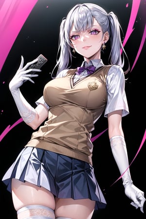 ((best quality)),  ((highly detailed)),  masterpiece,1girl, noelle_silva, silver hair,purple eyes, twintails, bangs, earrings, jewelry, ((remote_control, closed_mouth, sparkling_eyes, smug, shaded_face,evil smile)),(large breasts), tokiwadai school uniform, sweater vest, short sleeves, ((white gloves, elbow gloves)), pleated skirt, white thighhighs ,1girl, lips:1.2, makeup:1.2, ((gyaru)) , looking at viewer, standing, cowboy shot, school, 