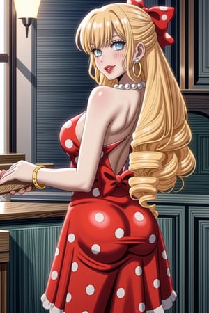 ((best quality)),  ((highly detailed)),  masterpiece,1girl, 1girl,  seductive smile, solo,   (Stepford),lips, makeup, lipstick,red lips, (pose),(polka dot:1.4), (polka dot dress:1.4),(pearl necklace:1.2), pearl bracelet, bare shoulders,(red dress:1.2),aroused, blush ,standing,  (large pearl necklace), (hoop earrings:1.2), looking at viewer, standing, cowboy shot, kitchen, cooking, indoors, house, windows, cortain, food,ClaireFran ,jewelry,bangs,drill hair, hair bow, blue eyes, bow ,blonde hair, long hair,drill hair,ass, ass focus, looking back,,<lora:659111690174031528:1.0>