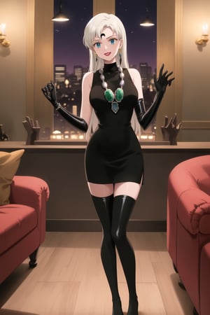 (best quality), (highly detailed), masterpiece, (official art),elizabeth, long hair, blue eyes, white hair, blunt bangs, single earring,, lips, smile, lipstick, makeup, evil smile,
((Forehead mark, crescent facial mark, black crystal earrings, jewelry)).  Dark  dress, black latex, black sleeveless dress, turtleneck_dress, short dress, elbow gloves, green gloves, thighhighs, large necklace, ((gemstone necklace:1.2)), standing,
Modern luxury lounge with dim lighting, featuring sleek black leather sofas, glass tables, and soft ambient lighting from wall sconces. A large window in the background reveals a city skyline at night, adding a touch of sophistication to the scene