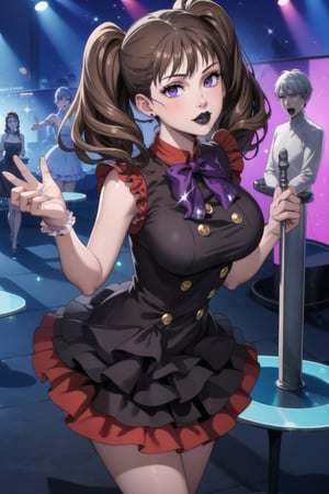 (best quality), (highly detailed), masterpiece, (official art),  diane,twintails, brown hair ,purple eyes, solo,  lips:1.2, black lips:1.4, lipstick:1.2, beautiful 1girl wearing a earthy red (idol dress:1.3) ,layered skirt, frills, ribbon, bow, sequins, looking at viewer, (/nightclub scene, neon lights), , club, (nigth club), ,hd quality, perfect face ,realistic, realistic body , perfect face sync,night club,StandingAtAttention,marinette,night club,b1mb0,