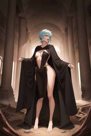 (best quality), (highly detailed), masterpiece, (official art),  Sinon, black lips:1.2, lips:1.3,clad in a flowing black robe with intricate silver runes, standing in the center of an ancient, crumbling temple. The air is thick with magic as she casts a powerful spell, her hands glowing with dark energy. The temple is shrouded in shadows, with broken statues and overgrown vines, and her presence radiates an eerie, otherworldly power., ,hd quality, perfect face ,realistic, realistic body , perfect face sync,,b1mb0, 